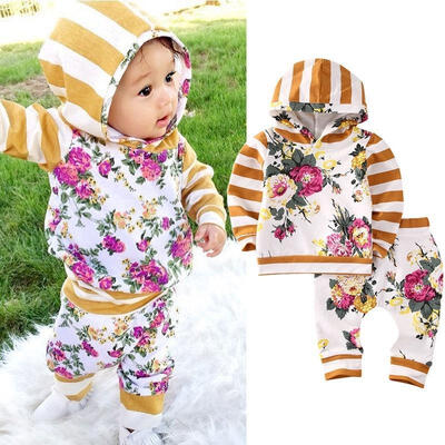 2pcs Girls Hooded Sweatshirt Tops Floral Pants Baby Take Home Outfits Costume