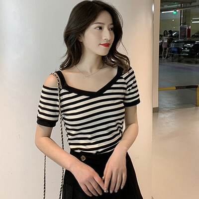 Womens Korean Style Casual Short Sleeve Cold Shoulder V Neck Striped Slim Knitted T-Shirt
Womens Korean Style Casual Short Sleeve Cold Shoulder V Neck Striped Slim Knitted T-Shirt