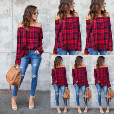 Women Off Shoulder Sexy Plaid Tops Long Sleeve Shirt Casual Blouse Loose T-shirt
Women Off Shoulder Sexy Plaid Tops Long Sleeve Shirt Casual Blouse Loose T-shirt