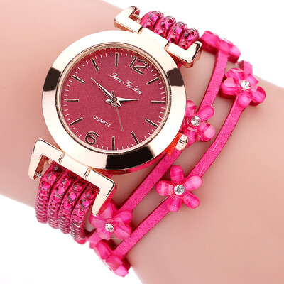 Fanteeda FD091 PU Leather Wrap Wrist Watch with Flowers