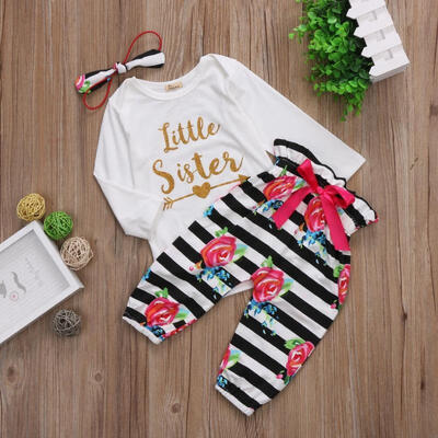 Floral Striped Casual Soft Fashion Baby Boys Girls Kids Long Sleeve Playsuit Long Tops Pants Outfits Sets