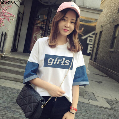 Womens Round Neck Letter Print Denim Stitching Half Sleeve T-Shirt Korean Style Streetwear O Neck T-Shirts Tops
Womens Round Neck Letter Print Denim Stitching Half Sleeve T-Shirt Korean Style Streetwear O Neck T-Shirts Tops