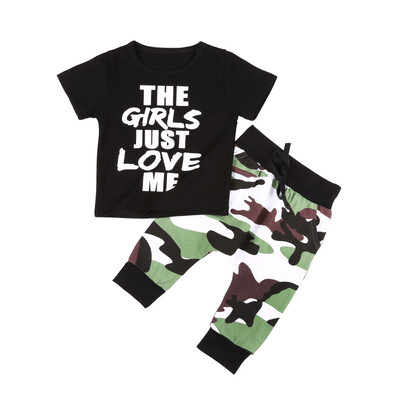 2pcs Summer Baby Boys Clothes Set Girls Just Love Me Print Short Sleeve T-ShirtCamouflage Trousers Set For 1-4Y
2pcs Summer Baby Boys Clothes Set Girls Just Love Me Print Short Sleeve T-ShirtCamouflage Trousers Set For 1-4Y