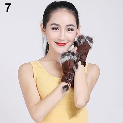 Womens Winter Faux Rabbit Fur Faux Leather Fingerless Mittens Wrist Gloves