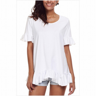 Round neck short-sleeved ruffled hem trimmed solid color straight top casual top
Round neck short-sleeved ruffled hem trimmed solid color straight top casual top