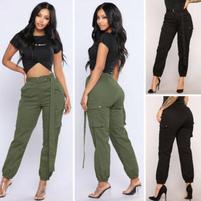 Women Cargo Pants High Waist Jogger Skinny Trousers Side Pockets Sweatpants USA
