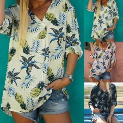 Women Long Sleeve Floral Print Shirts Tops V Neck Summer Loose Blouse Plus Size