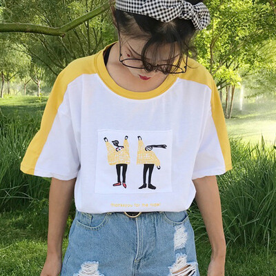 Summer Tops Women Round Neck Color Block Cartoon Character Print Patch Half Sleeve Loose T-Shirt camisetas verano mujer
Summer Tops Women Round Neck Color Block Cartoon Character Print Patch Half Sleeve Loose T-Shirt camisetas verano mujer