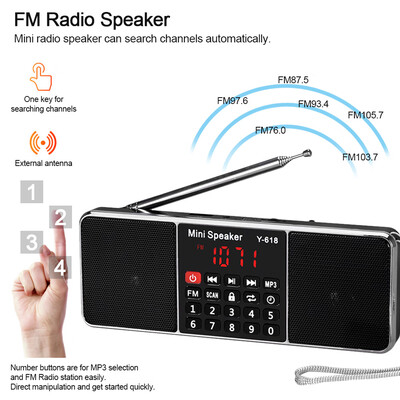 Y-618 Mini FM Radio Digital Portable Dual 3W Stereo Speaker MP3 Audio Player High Fidelity Sound Quality w 2 Inch Display Screen
Y-618 Mini FM Radio Digital Portable Dual 3W Stereo Speaker MP3 Audio Player High Fidelity Sound Quality w 2 Inch Display Screen