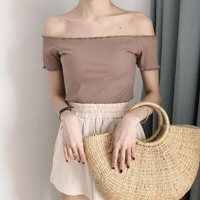Womens Pullover Casual Slash Neck Ruffles Solid Short Sleeve Slim Knitted Crop Top T-Shirt