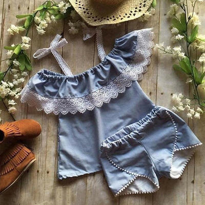 2PCS Toddler Kids Baby Girls Off Shoulder Lace Tops Denim Shorts Outfits Clothes 
2PCS Toddler Kids Baby Girls Off Shoulder Lace Tops Denim Shorts Outfits Clothes