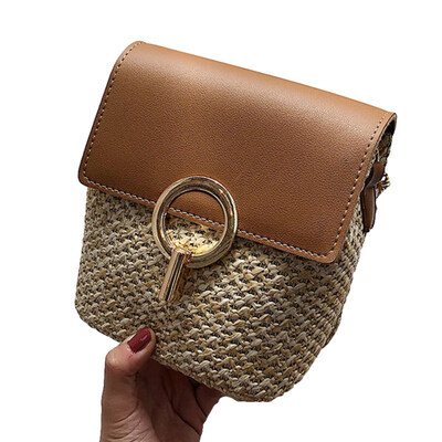 Summer Beach Women Metal Circle Small Flap Straw Chain Crossbody Shoulder Bag