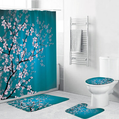 Siaonvr 4PCS Non Slip Toilet Polyester Cover Mat Set Bathroom Shower Curtain