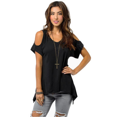Women Off Shoulder Short Sleeve Stretch T-Shirt Loose Blouse