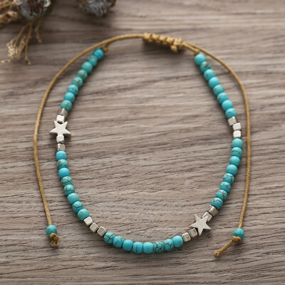Bohemian retro silver jewelry five-pointed star turquoise stone foot chain square cube beads handmade beaded anklet
Bohemian retro silver jewelry five-pointed star turquoise stone foot chain square cube beads handmade beaded anklet