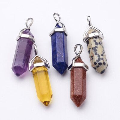 Gemstone Point Pendants with Alloy Findings Bullet Platinum Metal Color Mixed Stone 3845x13x10mm Hole 3x5mm
Gemstone Point Pendants with Alloy Findings Bullet Platinum Metal Color Mixed Stone 3845x13x10mm Hole 3x5mm