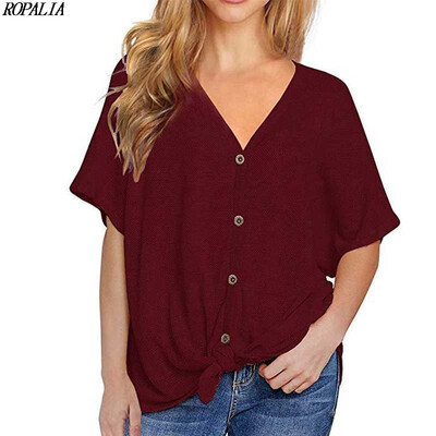 Summer Batwing Short-sleeved Knit T-Shirts V-neck Hem Twisted Button Top Fashion Novel Womens Clothing
Summer Batwing Short-sleeved Knit T-Shirts V-neck Hem Twisted Button Top Fashion Novel Womens Clothing