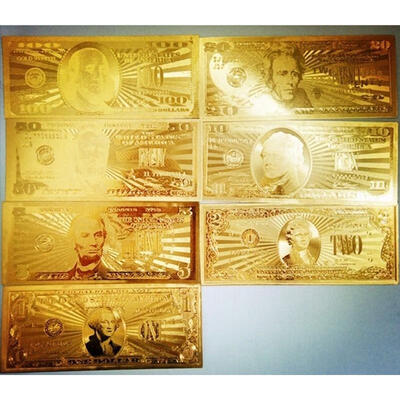 7PcsLot 24K Gold Plated Commemorative Notes A Dollar Bills American Collection