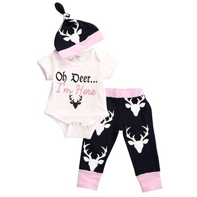 Style Autumn 3pcs Newborn Baby Girls Cartton Elk Print JumpsuitFashion Pure Cotton Pants And A Hat Outfits Set 
Style Autumn 3pcs Newborn Baby Girls Cartton Elk Print JumpsuitFashion Pure Cotton Pants And A Hat Outfits Set