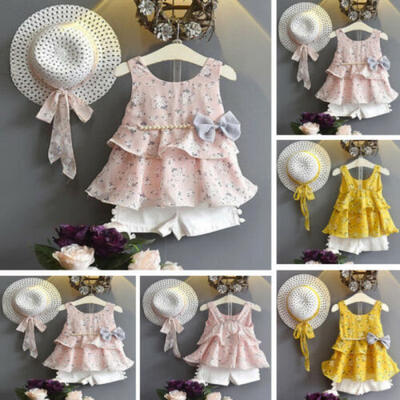 3PCS Baby Kid Girl Summer Floral Hat Top Short Pant Sets 2-7Years