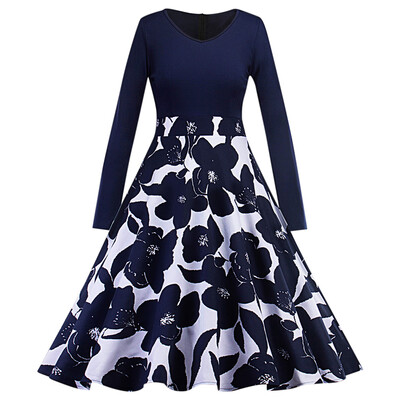 V Neck Long Sleeve Floral Print A-line Women Dress 
V Neck Long Sleeve Floral Print A-line Women Dress