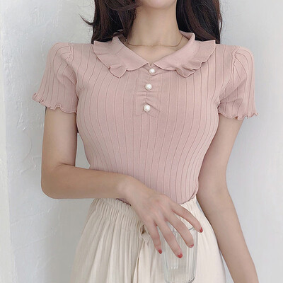 Wooden ear versatile Slim doll collar female T-shirt beads decorative comfort wild shirt
Wooden ear versatile Slim doll collar female T-shirt beads decorative comfort wild shirt