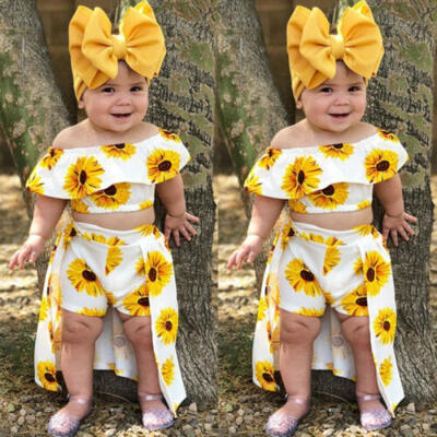 3PCS Kids Baby Girl Sunflower Crop Tops Shorts Dress Outfits Clothes Summer 1-6Y