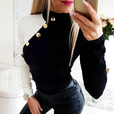 Women T-shirt Color Block Splicing High Neckline Long Sleeve Button Slim Spring Autumn Elegant Street Wear
Women T-shirt Color Block Splicing High Neckline Long Sleeve Button Slim Spring Autumn Elegant Street Wear