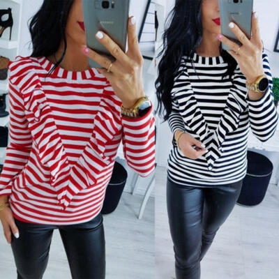 Women Fashion Autumn Casual Stripes Long Sleeve V-shaped ruffle Pullover Tops T-shirt
Women Fashion Autumn Casual Stripes Long Sleeve V-shaped ruffle Pullover Tops T-shirt