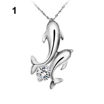 Cute Silver Plated Double Dolphins Pendant Charm Chain Necklace Lady Jewelry