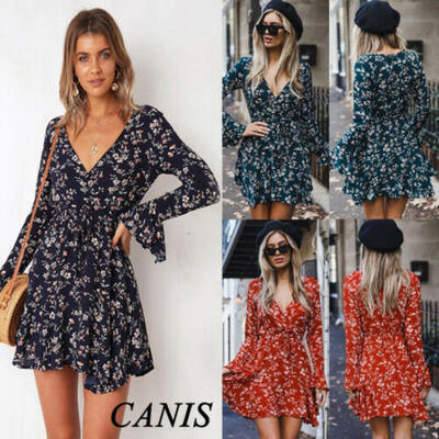 Womens Floral Holiday Boho Dress Ladies Deep V-neck Summer Beach Mini Sundress
Womens Floral Holiday Boho Dress Ladies Deep V-neck Summer Beach Mini Sundress