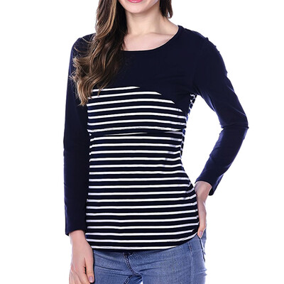 Womens Maternity Striped Nursing Breastfeeding Shirt Long Sleeves Top Clothes Blue S