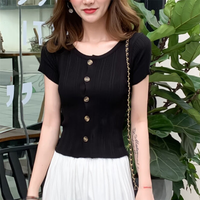 Womens Pullover Casual Round Neck Solid Short Sleeve Slim Buttons Knitted Top T-Shirt
Womens Pullover Casual Round Neck Solid Short Sleeve Slim Buttons Knitted Top T-Shirt
