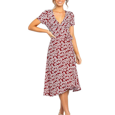 Womens summer V-neck tie casual beach skirt 
Womens summer V-neck tie casual beach skirt