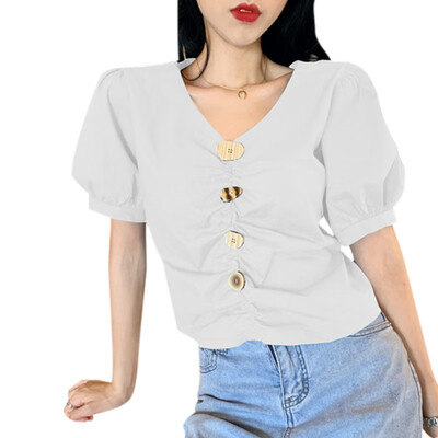 Pleated Buckle V Neck Women Summer Shirts Short Sleeve Blue Avocado Green White Korean Style Shirts Blouse Tops 
Pleated Buckle V Neck Women Summer Shirts Short Sleeve Blue Avocado Green White Korean Style Shirts Blouse Tops