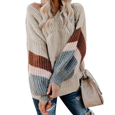 Pullover Women Striped Stitching Knit Material Comfortable Soft Autumn Fashion New Wild Loose Long Sleeve Style Simple