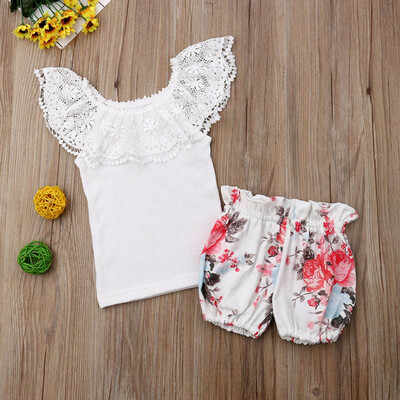 Summer Baby Girl Sets Kids Casual Lace Short Sleeve Top Floral Printing Short Pants Kids Two-piece Outfit Set 0-4Y