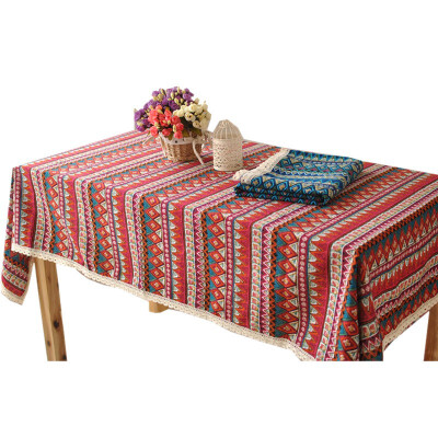 

Red Blue Ethnic Style Geometric Patterns Cotton&Linen Tablecloth for Wedding Party Coffee Dining Table Southeast Asian Decor
