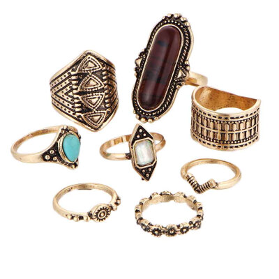 8 Pcs Retro National Wind Turquoise Ring