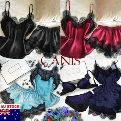 AU Sexy 2Pcs Women Satin Sleepwear Lace V-Neck TopsShorts Pants Pyjamas Sets