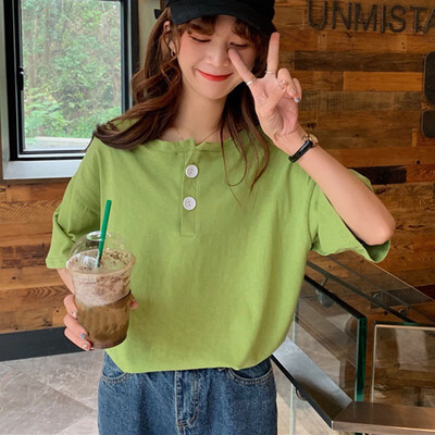Women t shirt solid color button top summer short sleeve O-neck knotted fashion casual wild loose T-shirt Solid Basic Soft
Women t shirt solid color button top summer short sleeve O-neck knotted fashion casual wild loose T-shirt Solid Basic Soft