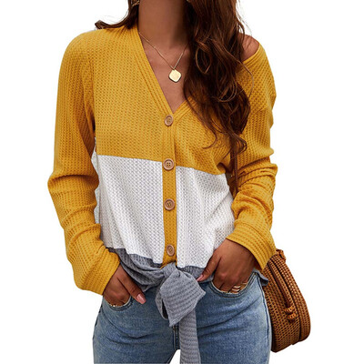 Fashion Women Long-Sleeved Sweater New V-Neck Stitching Knitted Top Lace Up Hem Button Blouse
Fashion Women Long-Sleeved Sweater New V-Neck Stitching Knitted Top Lace Up Hem Button Blouse
