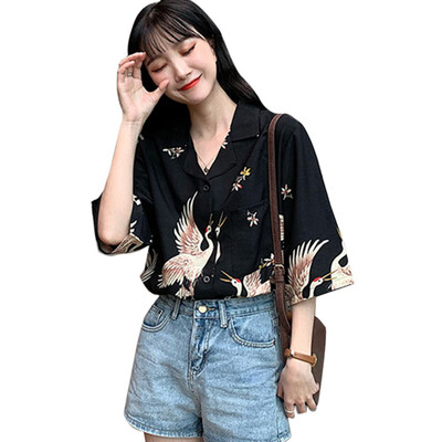 Women Blusas Tops Red crowned Crane Print Chinese Style Shirt Short Sleeve V Neck Chiffon Blouse Female Shirts
Women Blusas Tops Red crowned Crane Print Chinese Style Shirt Short Sleeve V Neck Chiffon Blouse Female Shirts