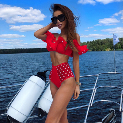 Women Two Piece Off Shoulder Ruffled Flounce Crop Bikini Top With High Waist Cut Out Mesh Bottoms
Women Two Piece Off Shoulder Ruffled Flounce Crop Bikini Top With High Waist Cut Out Mesh Bottoms