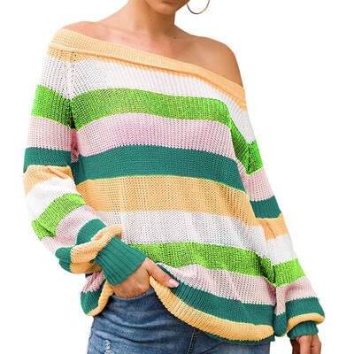 Women Boat Neck Off Shoulder Knitted Sweater Rainbow Stripe Color Long Sleeve Loose Casual Pullover Sweaters
Women Boat Neck Off Shoulder Knitted Sweater Rainbow Stripe Color Long Sleeve Loose Casual Pullover Sweaters