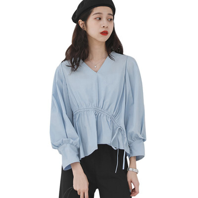 Blouse Women Fashion Solid Color Personality Drawstring Shirt Female V-neck Long Sleeve Girlfriends Shirts Loose Irregular Tops 
Blouse Women Fashion Solid Color Personality Drawstring Shirt Female V-neck Long Sleeve Girlfriends Shirts Loose Irregular Tops