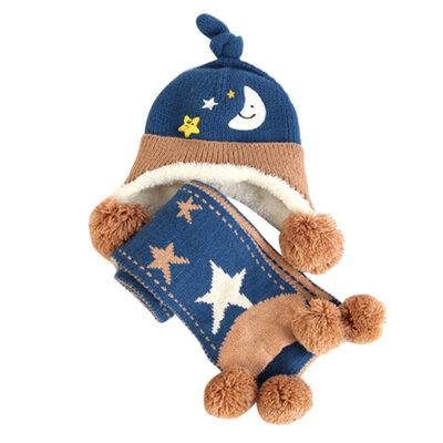 Baby Girls Boy Toddler Kids Winter Scarf Hat set Star&Moon Wool Knitted Crochet Earflap Cap Scarf