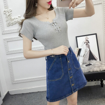 Summer sweetly solid short sleeved knitted t shirt  women slim tops dropshipping 
Summer sweetly solid short sleeved knitted t shirt  women slim tops dropshipping