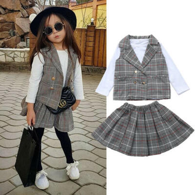 Fashion Toddler Girl Kids Suit Plaid Vest Skirt Long Sleeve Tops 3PCS Outfit Set