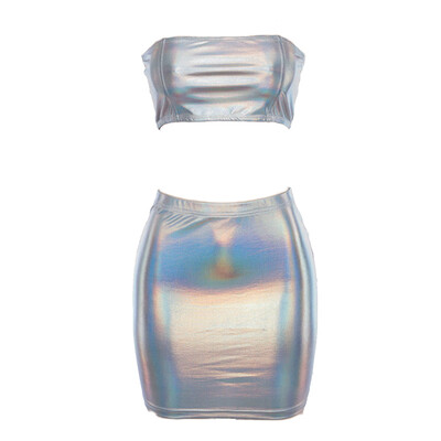 Women Metallic Shiny Off Shoulder Crop Navel Top Mini Dress Two Piece Solid Color Outfit Set
Women Metallic Shiny Off Shoulder Crop Navel Top Mini Dress Two Piece Solid Color Outfit Set
